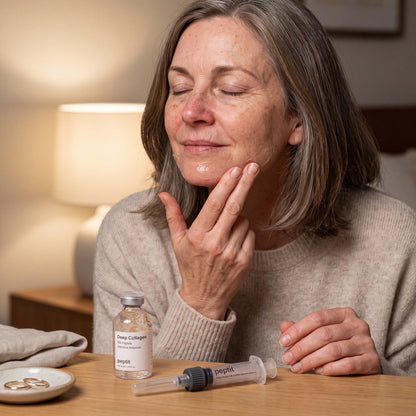 Evening ritual: woman massaging peptit upward along her jawline