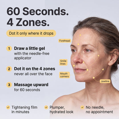 How to use peptit: 60 seconds on 4 zones (forehead, smile lines, mouth corners, jawline)