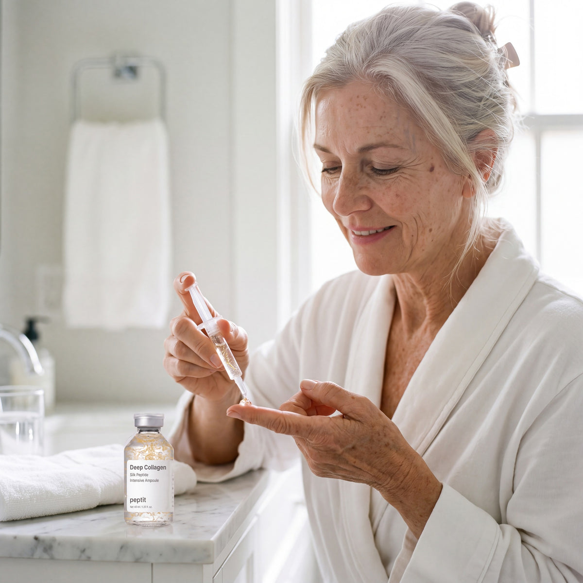 Woman dotting peptit silk peptide gel onto her fingertip with the needle-free applicator