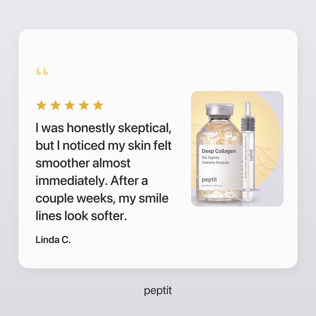 Review from Linda C.: skin felt smoother almost immediately, smile lines look softer after a couple of weeks