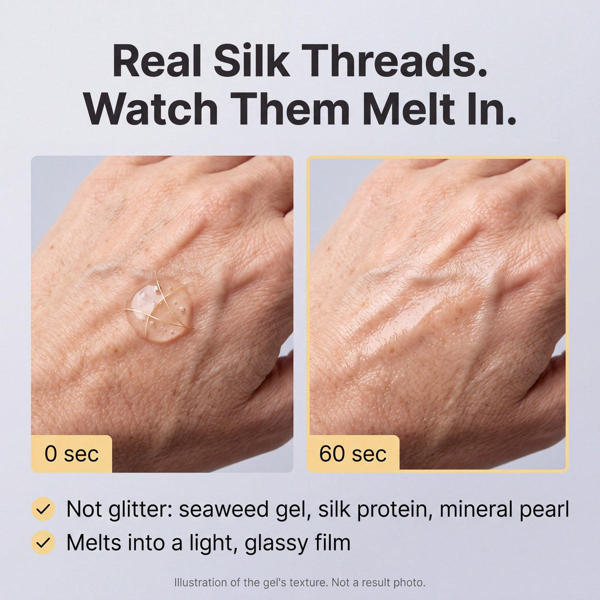 peptit gel texture: golden silk threads melting into the skin in 60 seconds